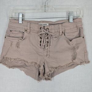 Y2K Billabong Lace-Up Denim Tan Shorts Size 25 Distressed Frayed Hem Micro Booty
